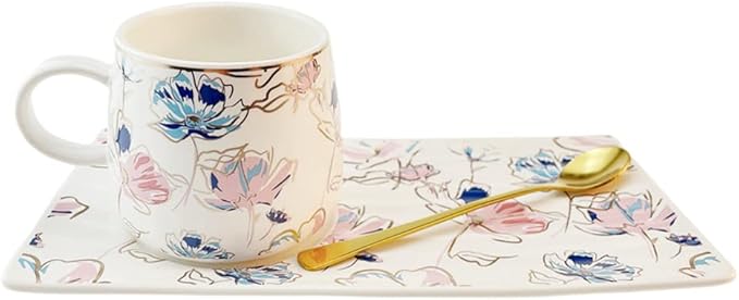 Ceramic Coffee Mug Set Tea Cup with Spoon and Tray, Retro Flower