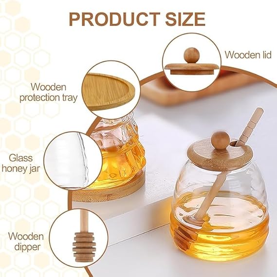 High End Imported Glass Honey Jar with Wooden Dipper, Airtight Bamboo Lid & Wooden Organizer Stand – Honey Pot Container Holder Syrup Dispenser for Home Kitchen