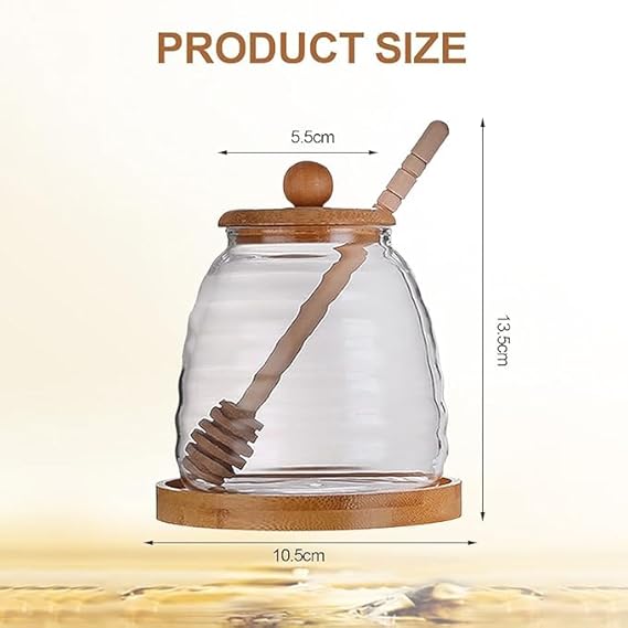 High End Imported Glass Honey Jar with Wooden Dipper, Airtight Bamboo Lid & Wooden Organizer Stand – Honey Pot Container Holder Syrup Dispenser for Home Kitchen