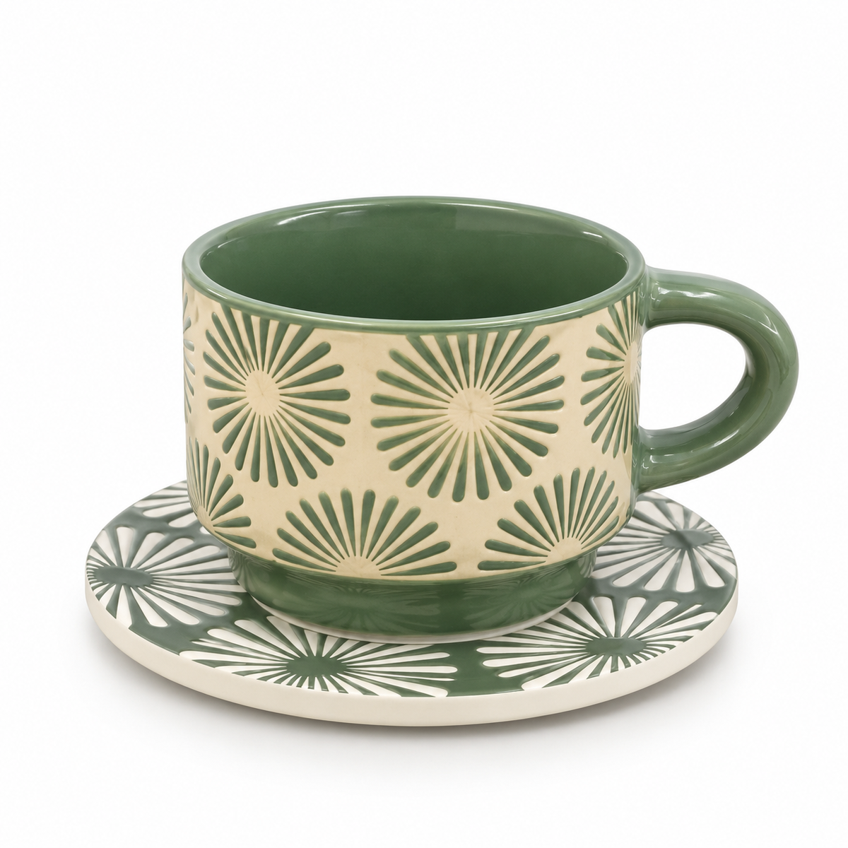 Danny Home Ceramic 12-Piece Green Sunburst Pattern Cup & Saucer Set