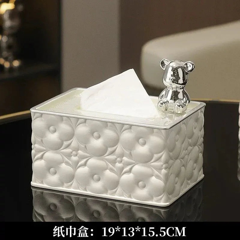 Luxury Embossed Tissue Box with Decorative Bear Figurine