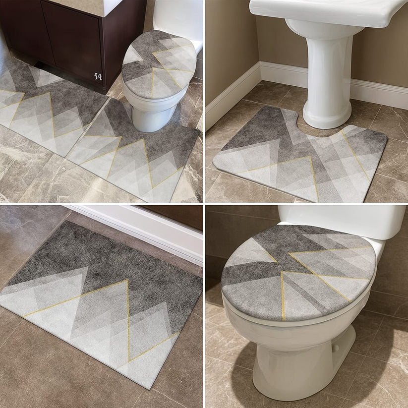 3-Piece Bathroom Mat Set – Grey Geometric Print Absorbent Non-Slip Rugs with Toilet Lid Cover
