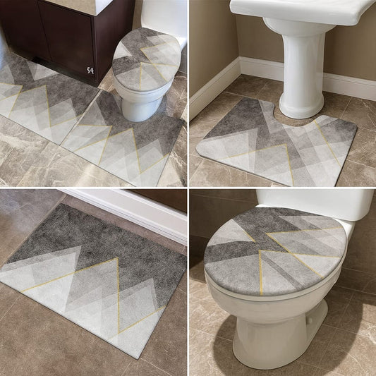 3-Piece Bathroom Mat Set – Grey Geometric Print Absorbent Non-Slip Rugs with Toilet Lid Cover