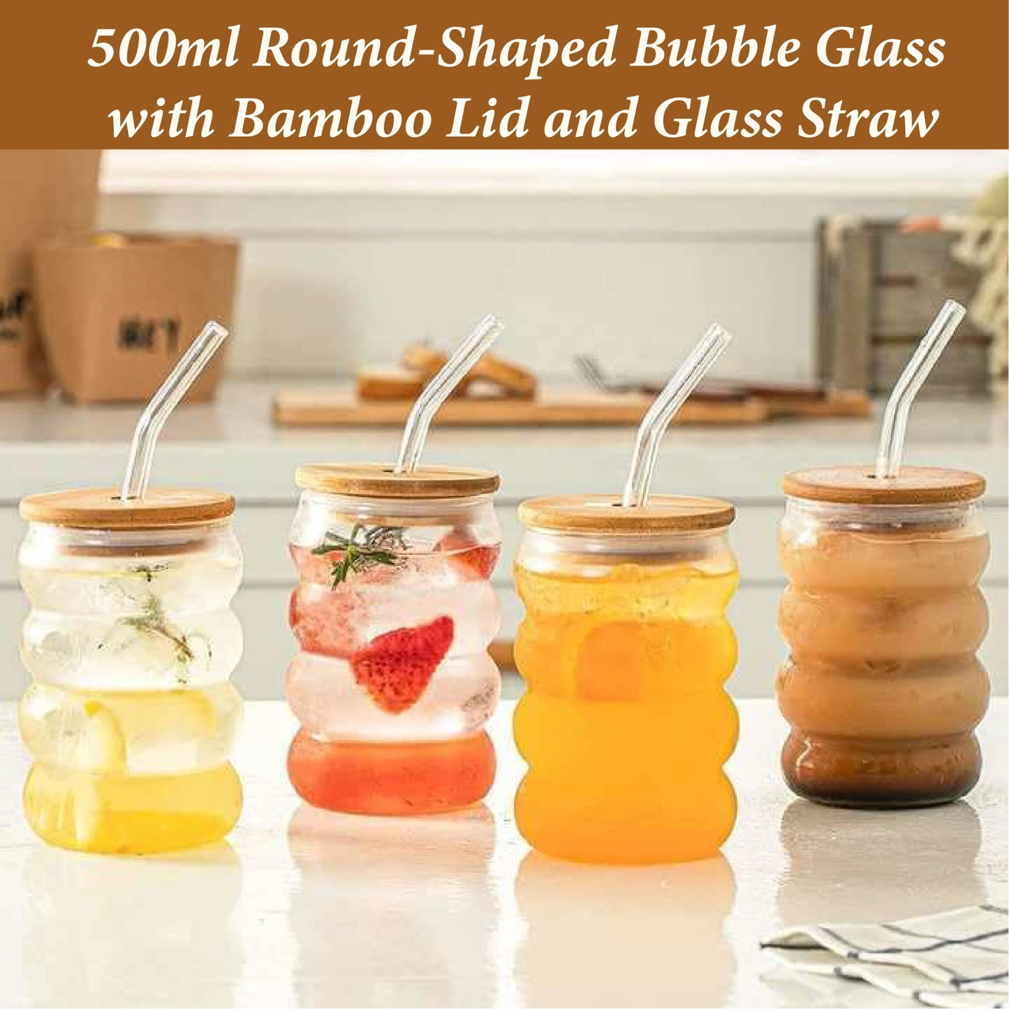 GLASS CUP WITH WOODEN LID & STRAW