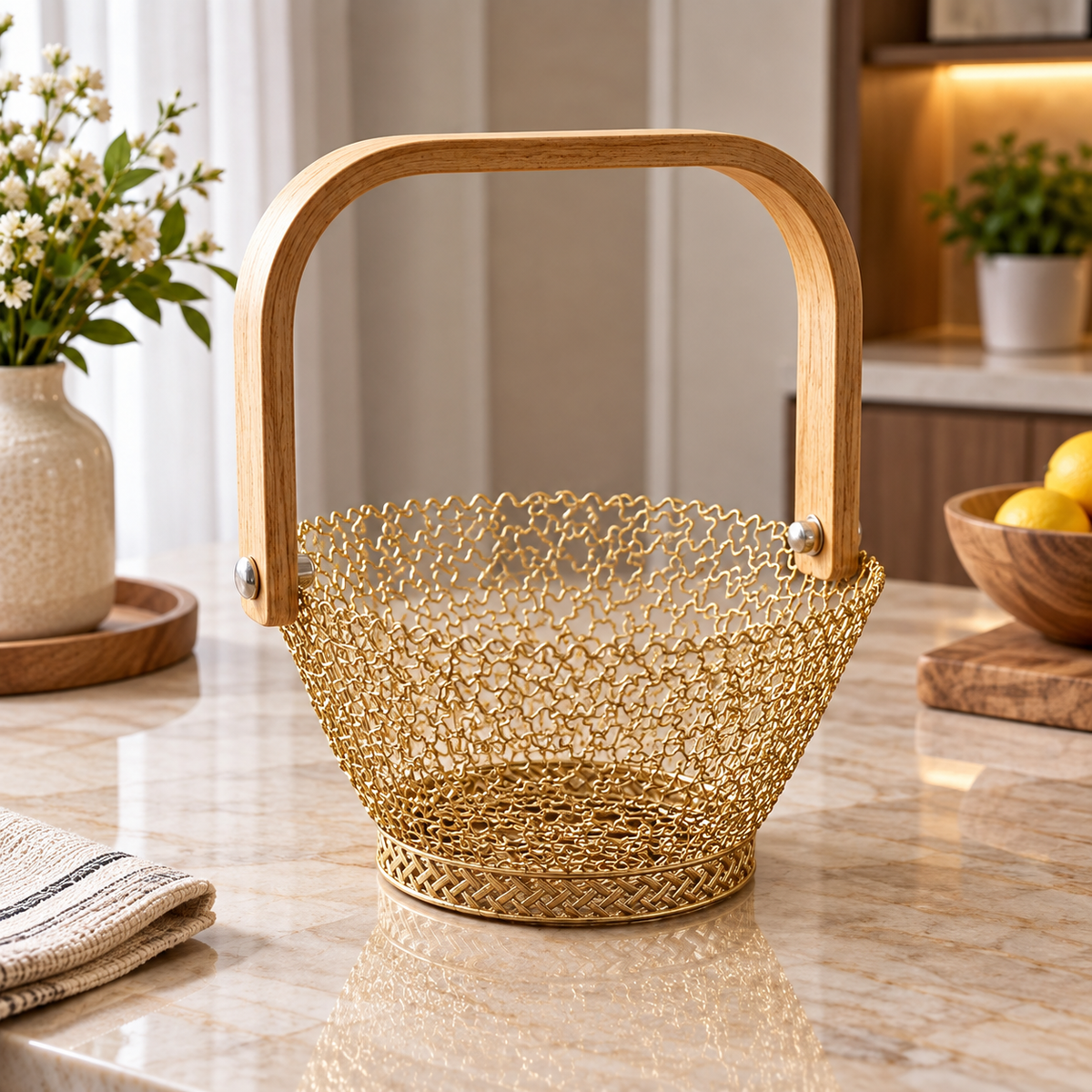 Golden Metal Basket with Wooden Handle