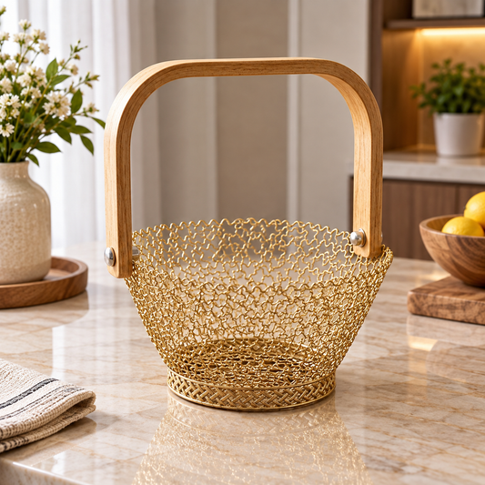 Golden Metal Basket with Wooden Handle