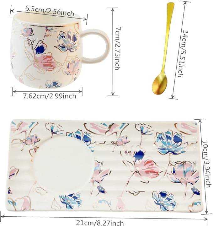 Ceramic Coffee Mug Set Tea Cup with Spoon and Tray, Retro Flower