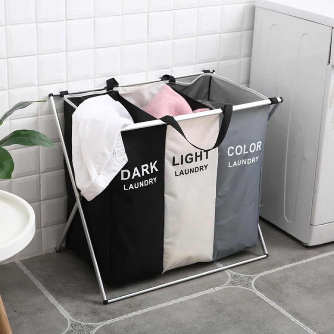 Large Foldable Laundry Basket with 3 Compartments with Handle