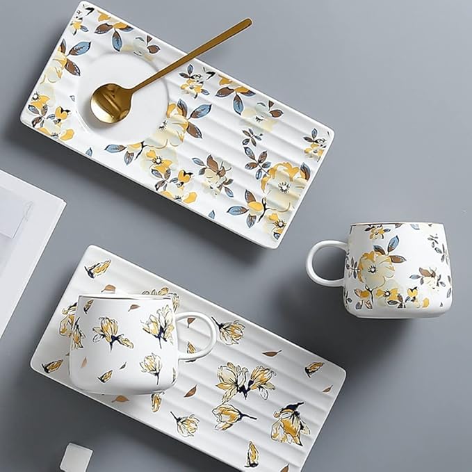 Ceramic Coffee Mug Set Tea Cup with Spoon and Tray, Retro Flower