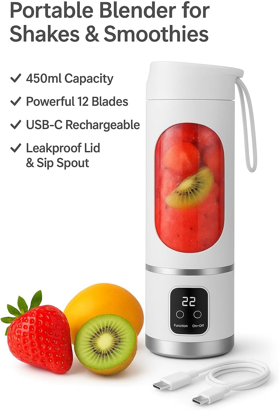 Portable Rechargeable Blender Bottle – USB Juicer for Smoothies, Protein Shakes & Juices