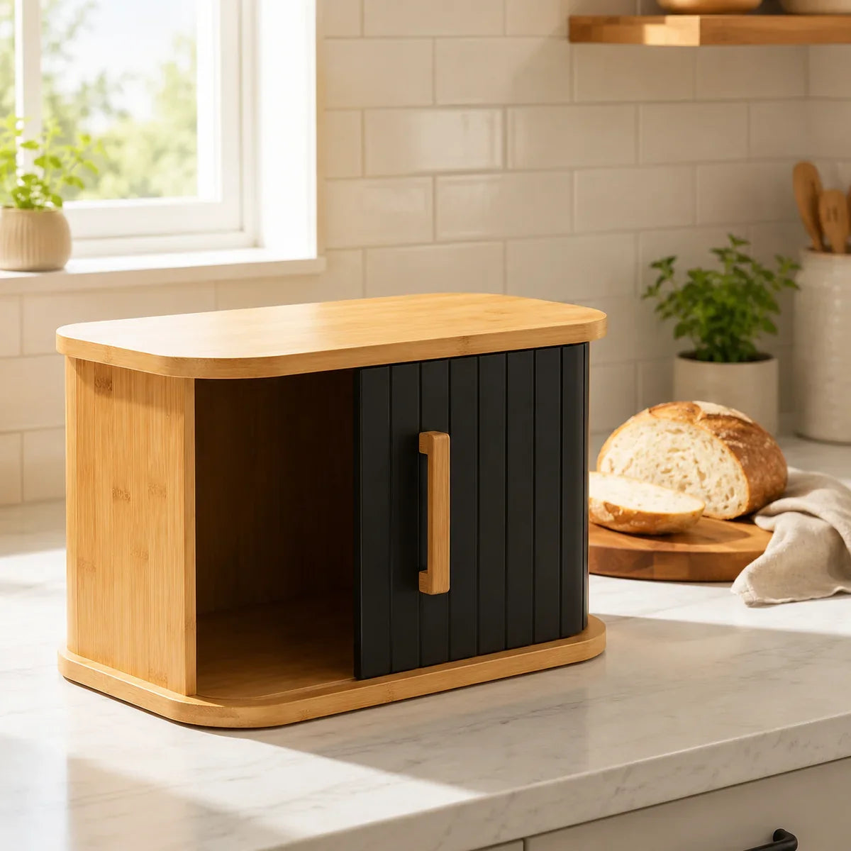 Bamboo Roll Top Bread Container With Sliding Door