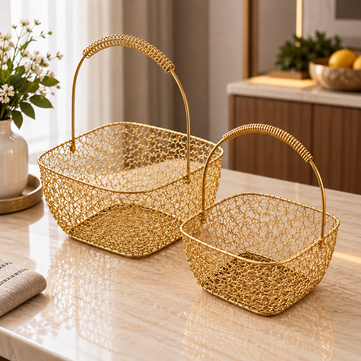 Golden Metal Wire Basket Set