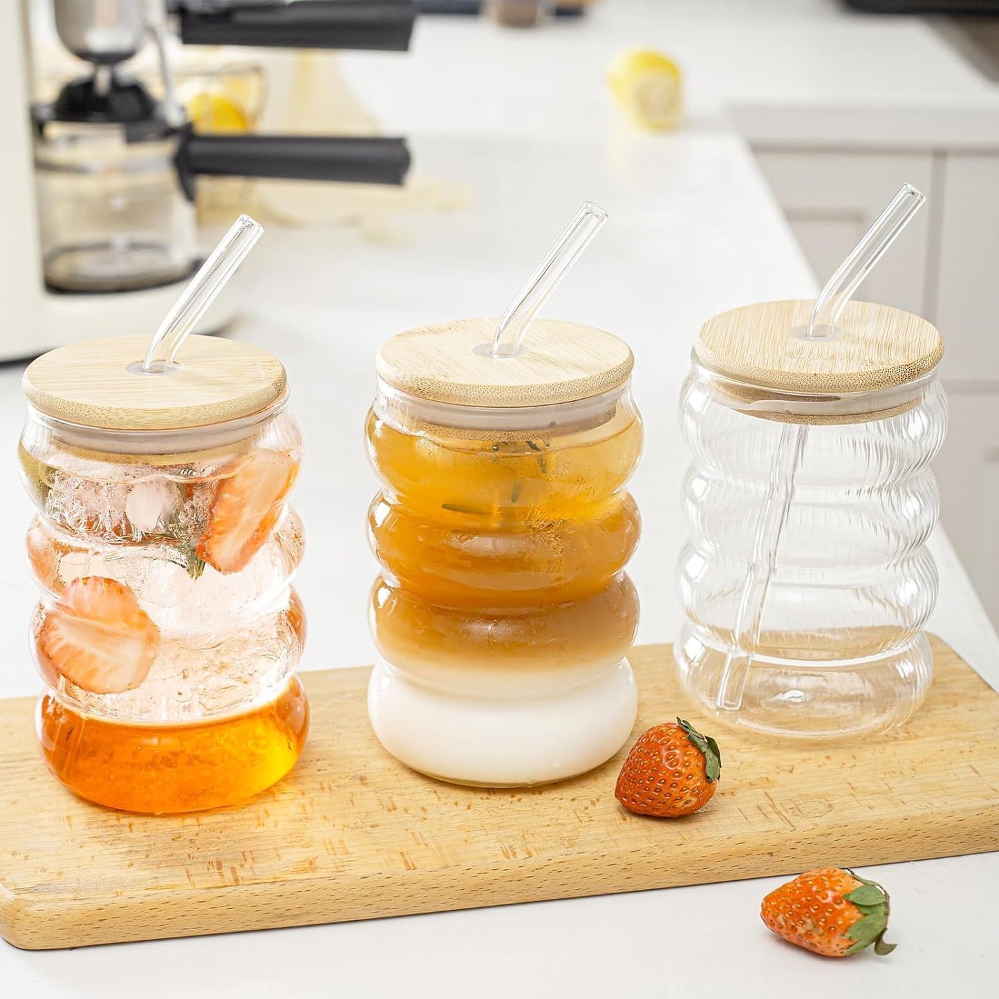GLASS CUP WITH WOODEN LID & STRAW