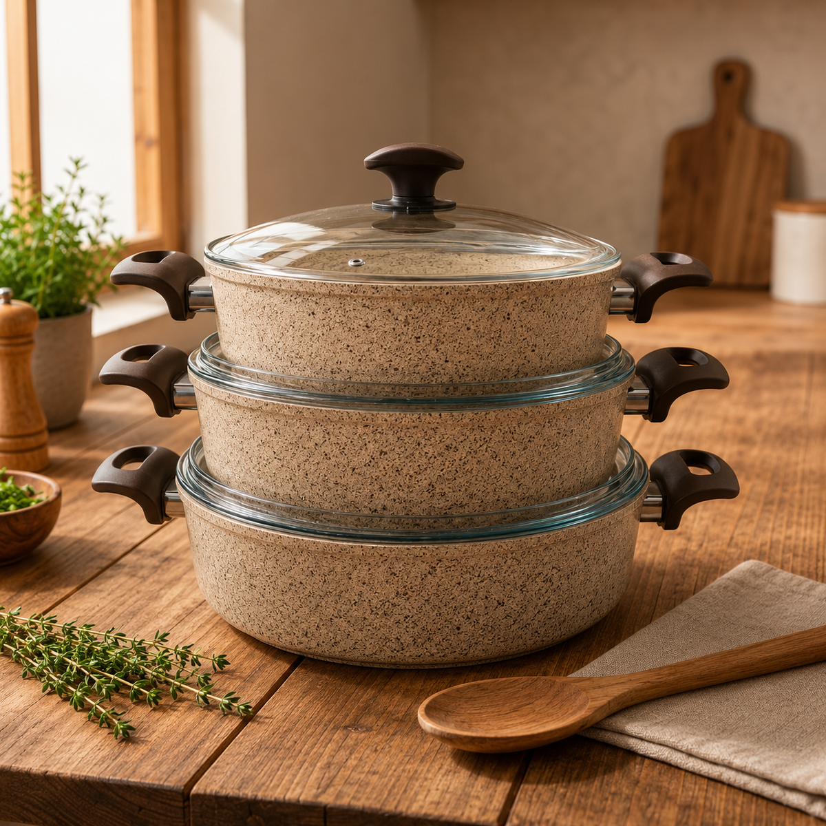 Falez Premium Granite Non-Stick Shallow Casserole Set (26, 28, 30cm) – Made in Turkey | Healthy Low-Oil Cooking with Glass Lids