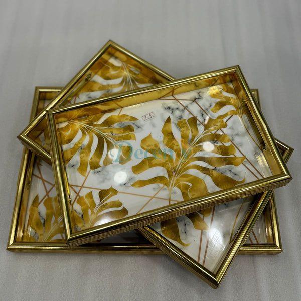 luxury 3piece gold leaf and white marble pattern serving tray set