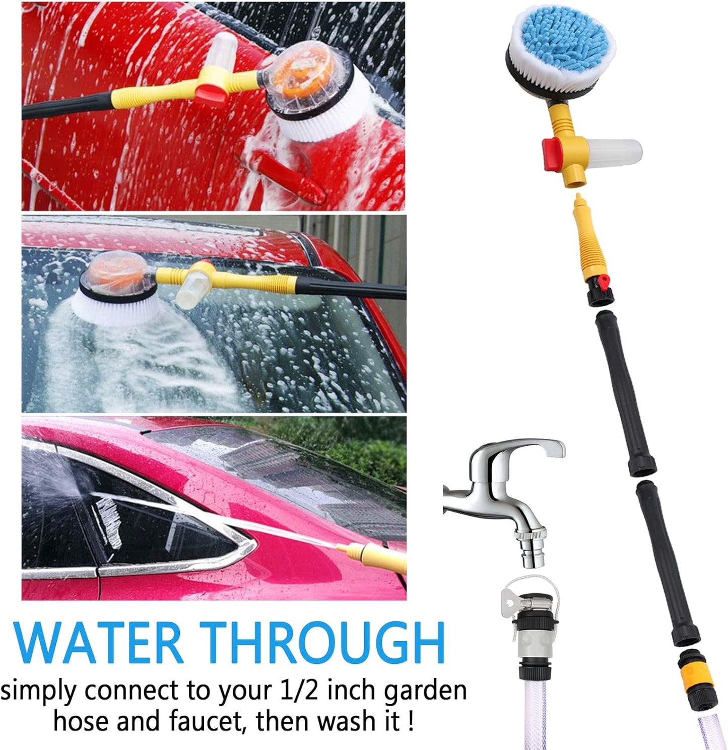Auto Rotating Car Wash Brush with Soap Dispenser & Hose Attachment