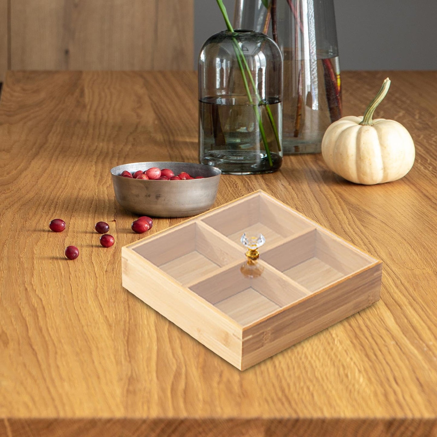 Generic Elegant Wooden Serving Tray with Protective Lid for Snacks and Sweets, 4 Grids