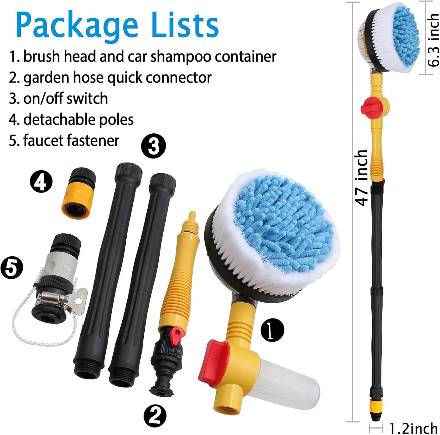 Auto Rotating Car Wash Brush with Soap Dispenser & Hose Attachment