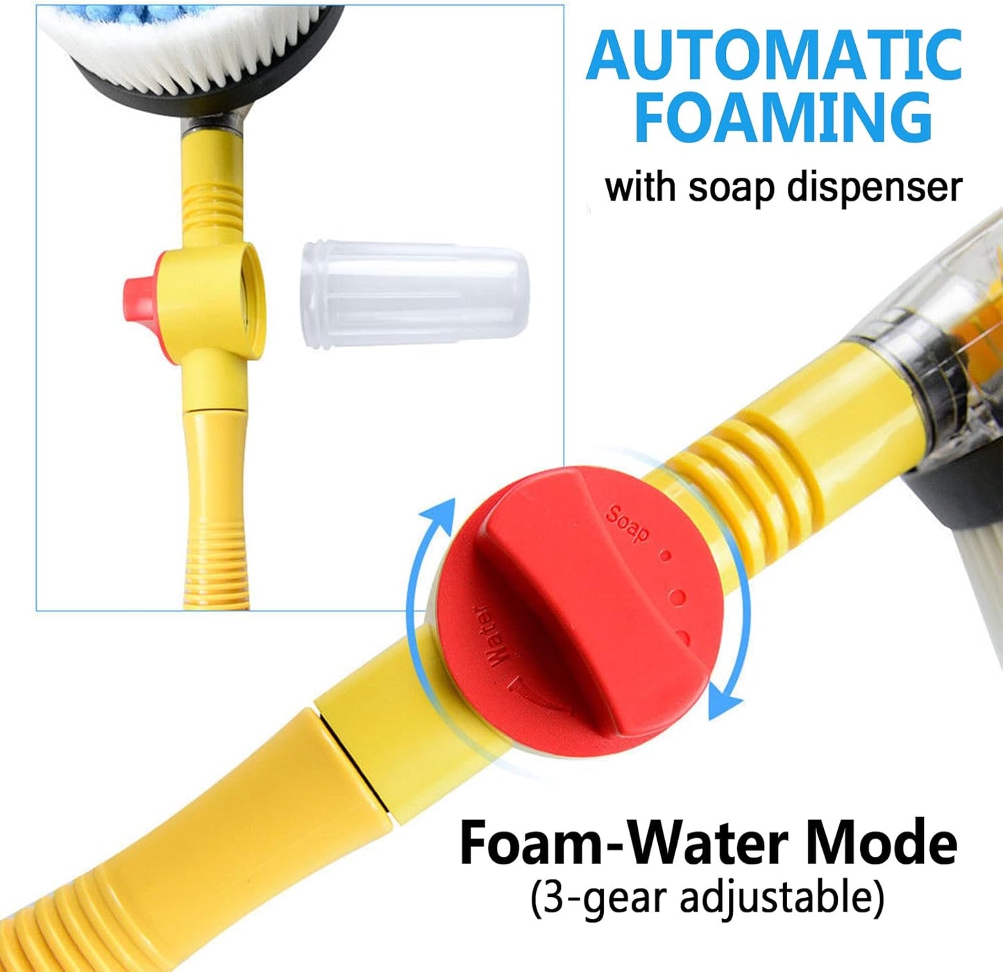 Auto Rotating Car Wash Brush with Soap Dispenser & Hose Attachment