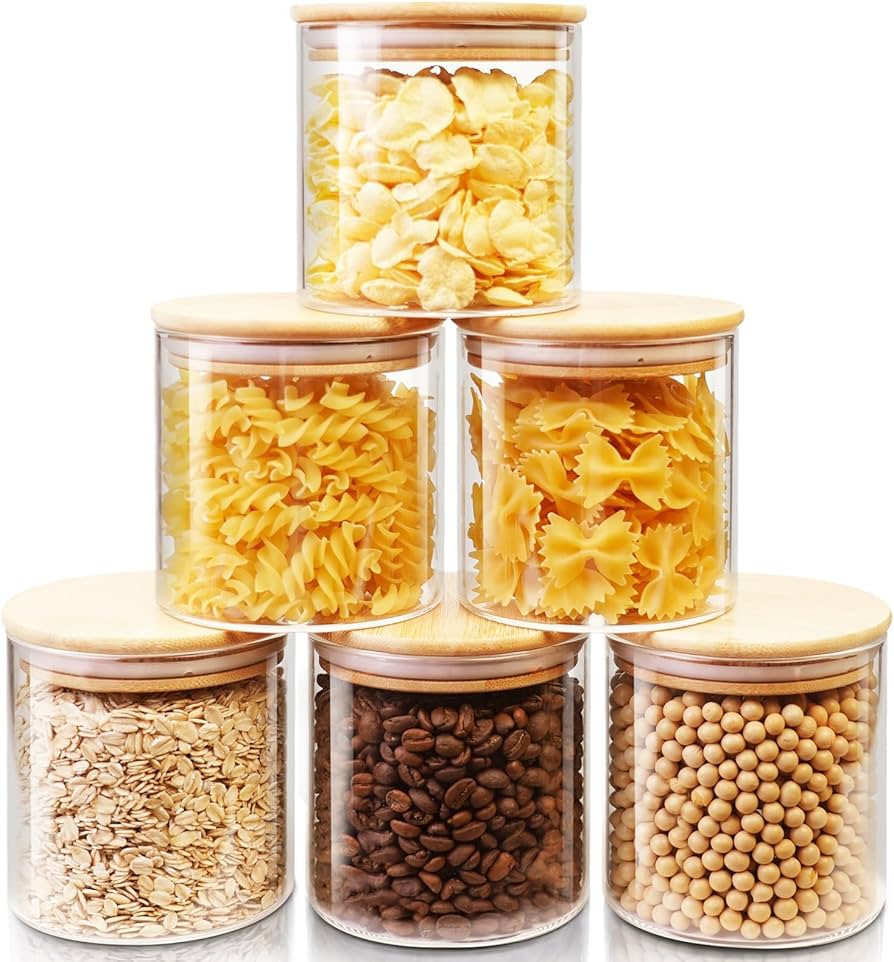 Glass Jars with Bamboo lid Set of 6 Glass Canisters with Airtight Lids, Glass Food Storage Containers for Coffee, Sugar,Tea, Candies, Cookies,Best for Kitchen & Pantry