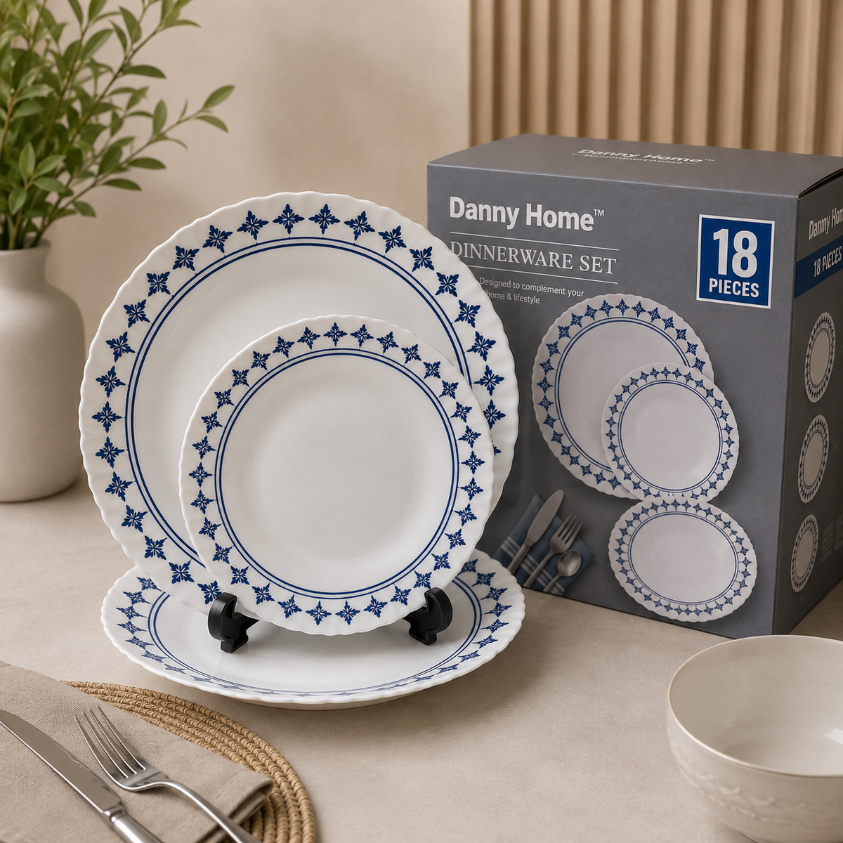 Danny Home Royal Blue Classic 18-Piece Ceramic Dinner Set