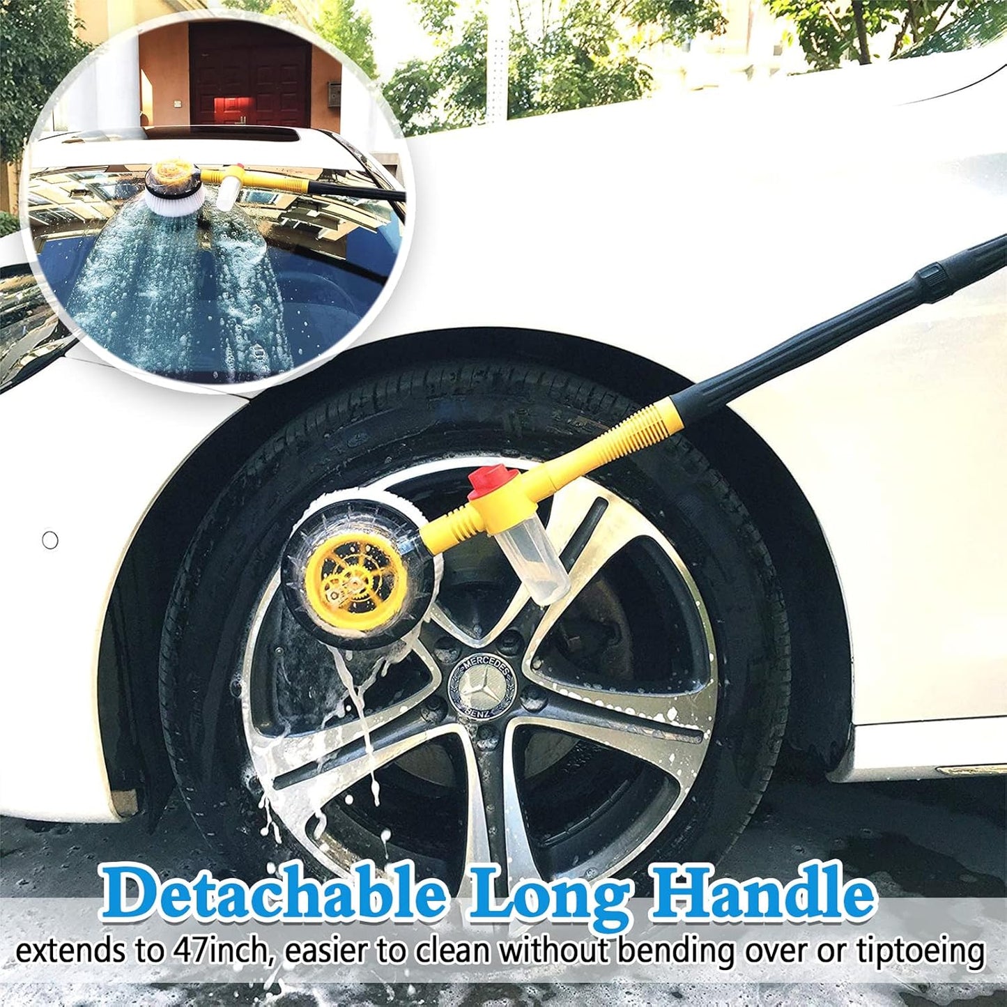 Auto Rotating Car Wash Brush with Soap Dispenser & Hose Attachment