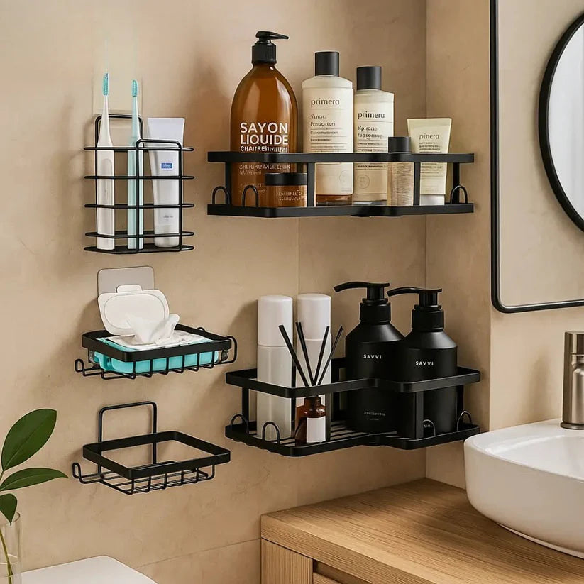Rustproof 5-Piece Black Bathroom Shelf Set – Wall Mounted