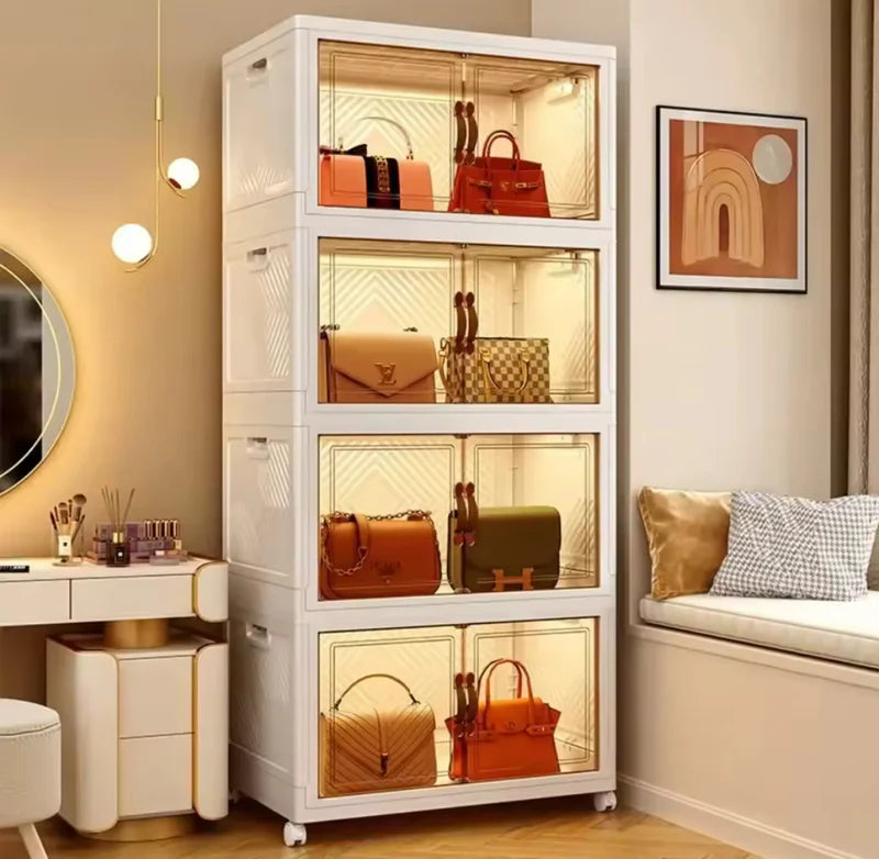 Multi-layer foldable storage cabinet with doors—portable, no-install wardrobe organizer for easy clothes storage and space saving.