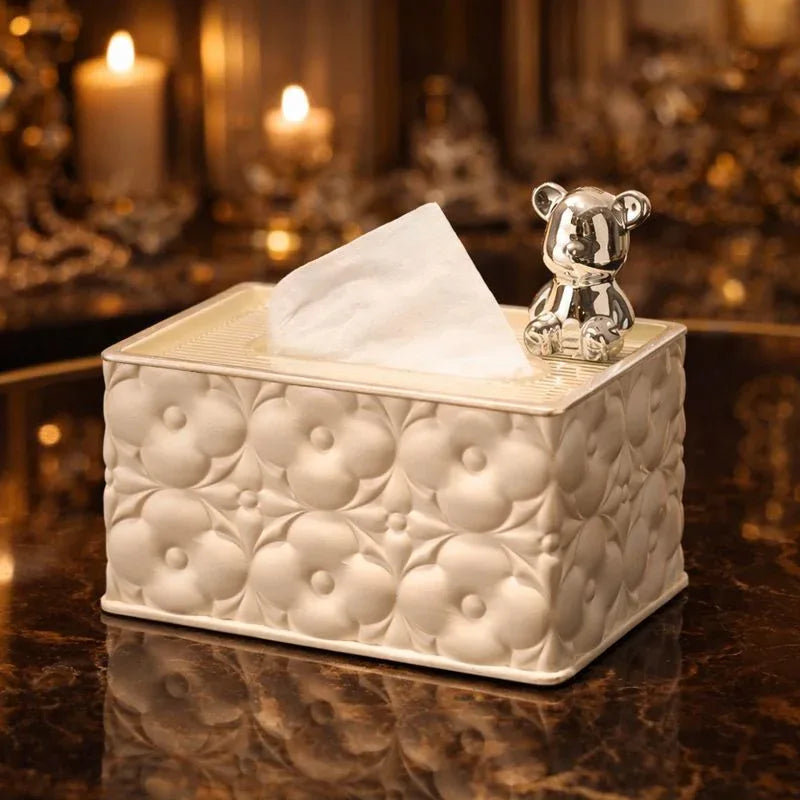 Luxury Embossed Tissue Box with Decorative Bear Figurine
