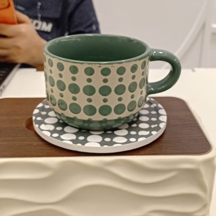 Danny Home Ceramic 12-Piece Green Polka Dot Pattern Cup & Saucer Set