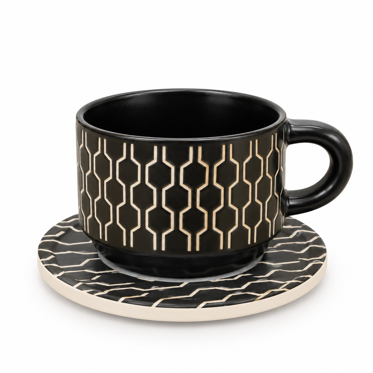 Danny Home Ceramic 12-Piece Black Honeycomb Pattern Cup & Saucer Set