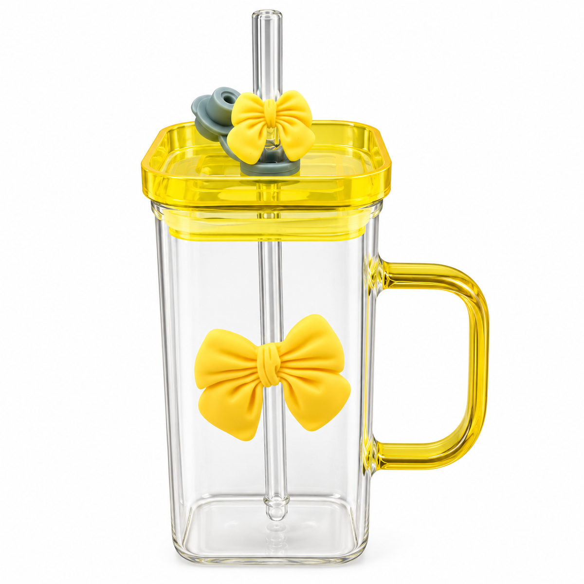 Cute Bow Glass Tumbler with Straw – Yellow | 380ml