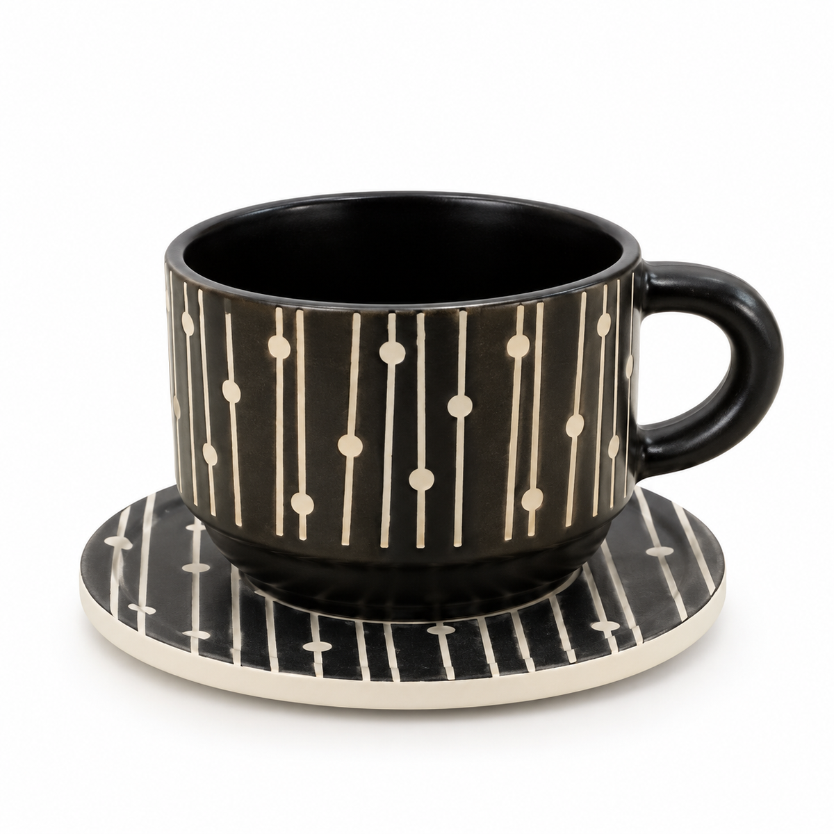 Danny Home Ceramic 12-Piece Black Vertical Line Cup & Saucer Set