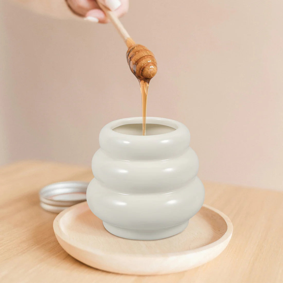 Ceramic Honey Jar with Lid & Wooden Dipper