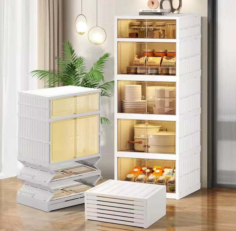 Multi-layer foldable storage cabinet with doors—portable, no-install wardrobe organizer for easy clothes storage and space saving.