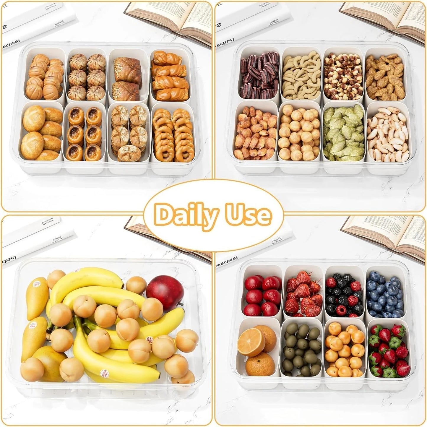 Airtight Food Storage Organizer Box with 8 & 12 Compartments – Snack, Fruit & Vegetable Container