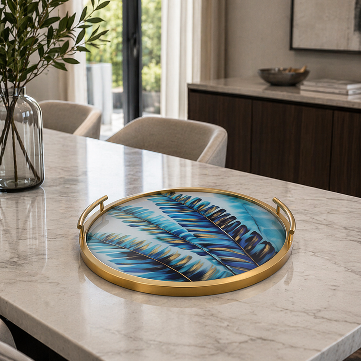 Angela Elegant Blue Leaf Design Metal Serving Tray