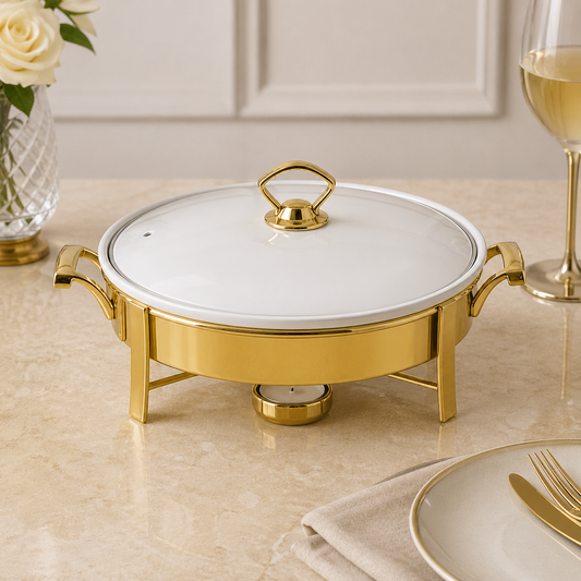 Brilliant Golden Round Chafing Dish with Candle Stand