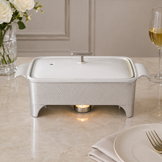 Brilliant Modern Silver Rectangular Chafing Dish with Candle Stand
