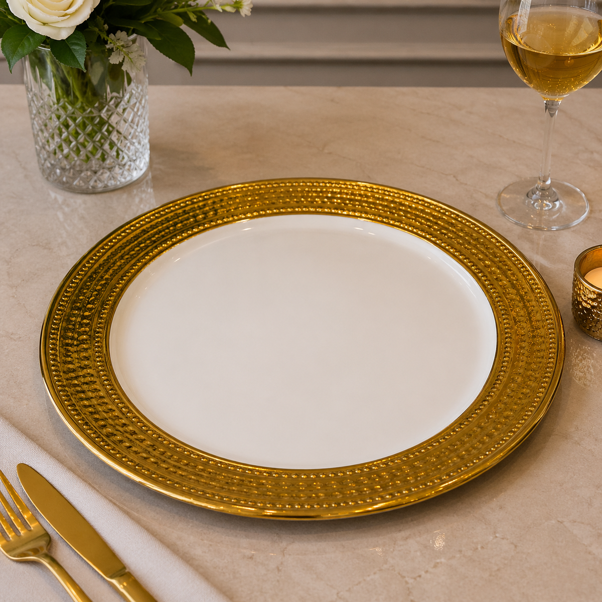 Brilliant Elegant 10.25-Inch Round Plate G-White with Gold Rim