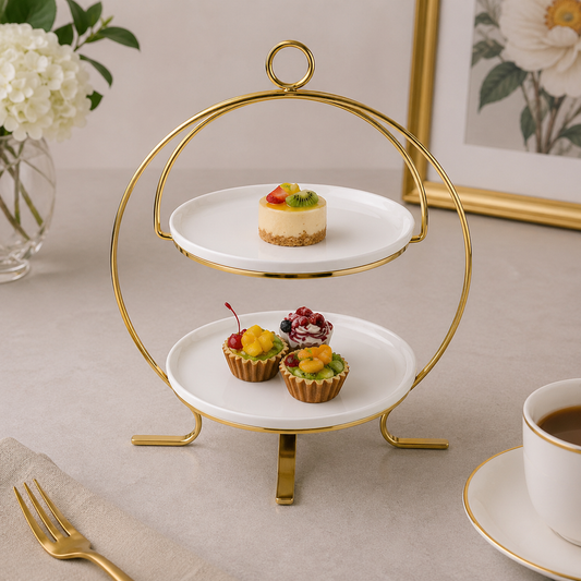 Brilliant 2-Tier 8.25-Inch Round Serving Stand with Ceramic Plates