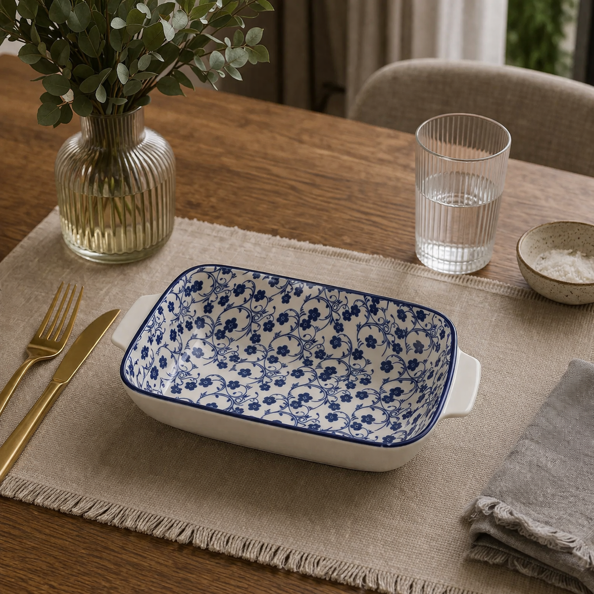 Danny Home Blue Flower Premium 11" Porcelain Serving Bowl – Blue Floral Classic Design