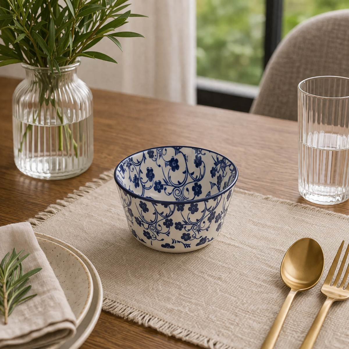 Danny Home Blue Flower 3.75" Ceramic Bowl – Elegant Floral Serving Bowl