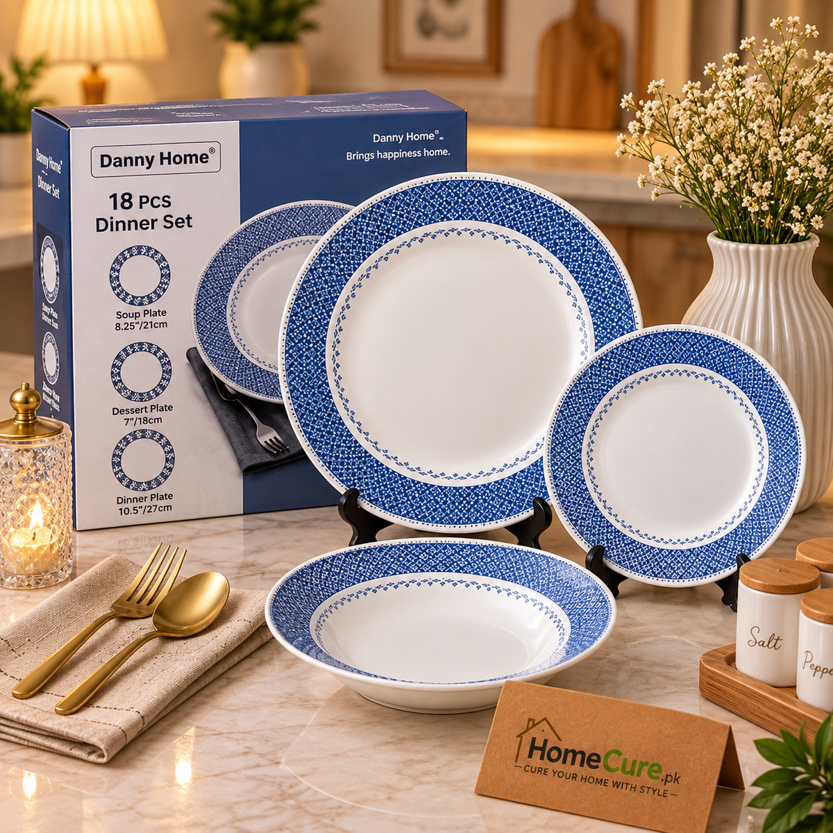 Danny Home 18 Pcs Blue Crosshatch Dinner Set