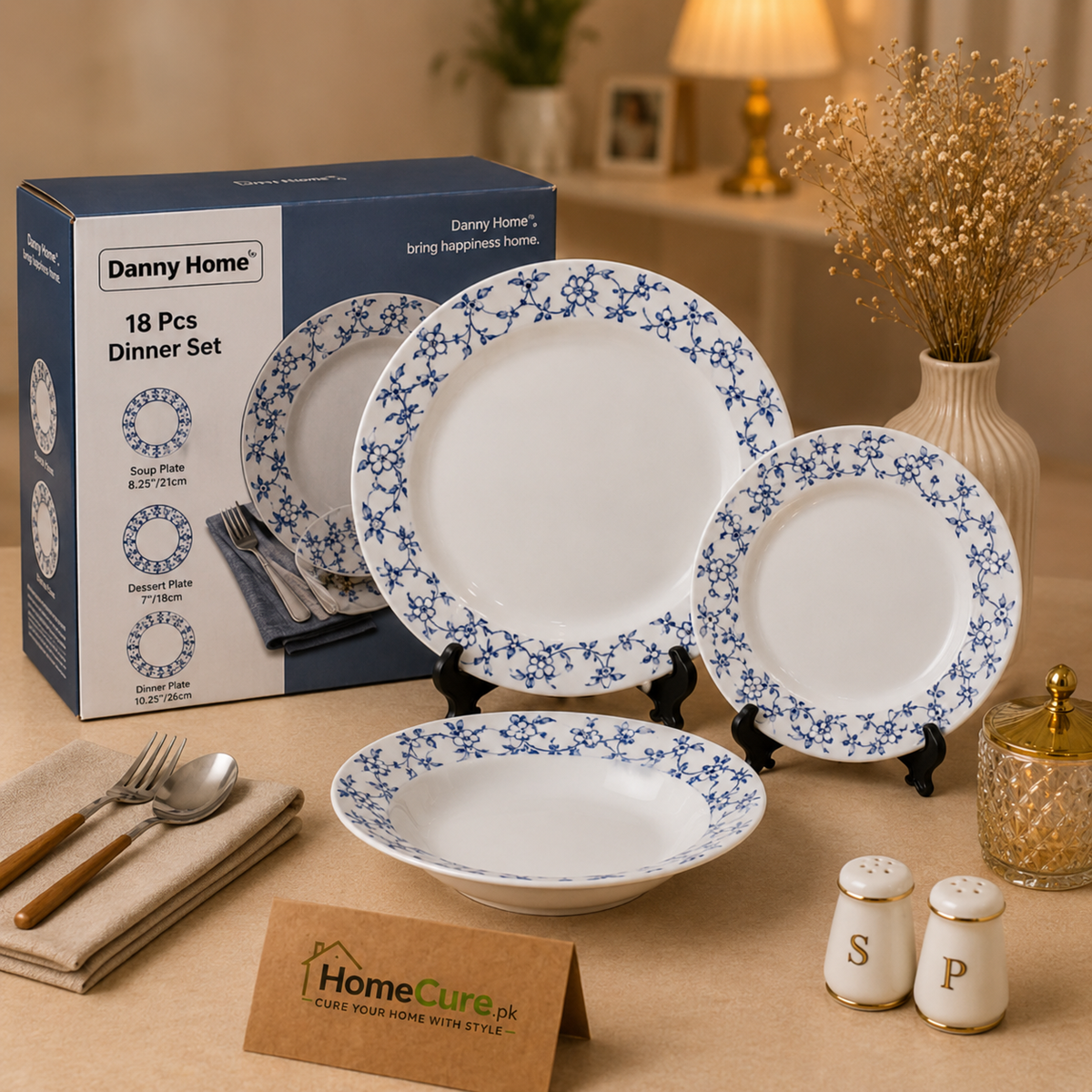 Danny Home 24 Pcs Blue Botanical Dinner Set