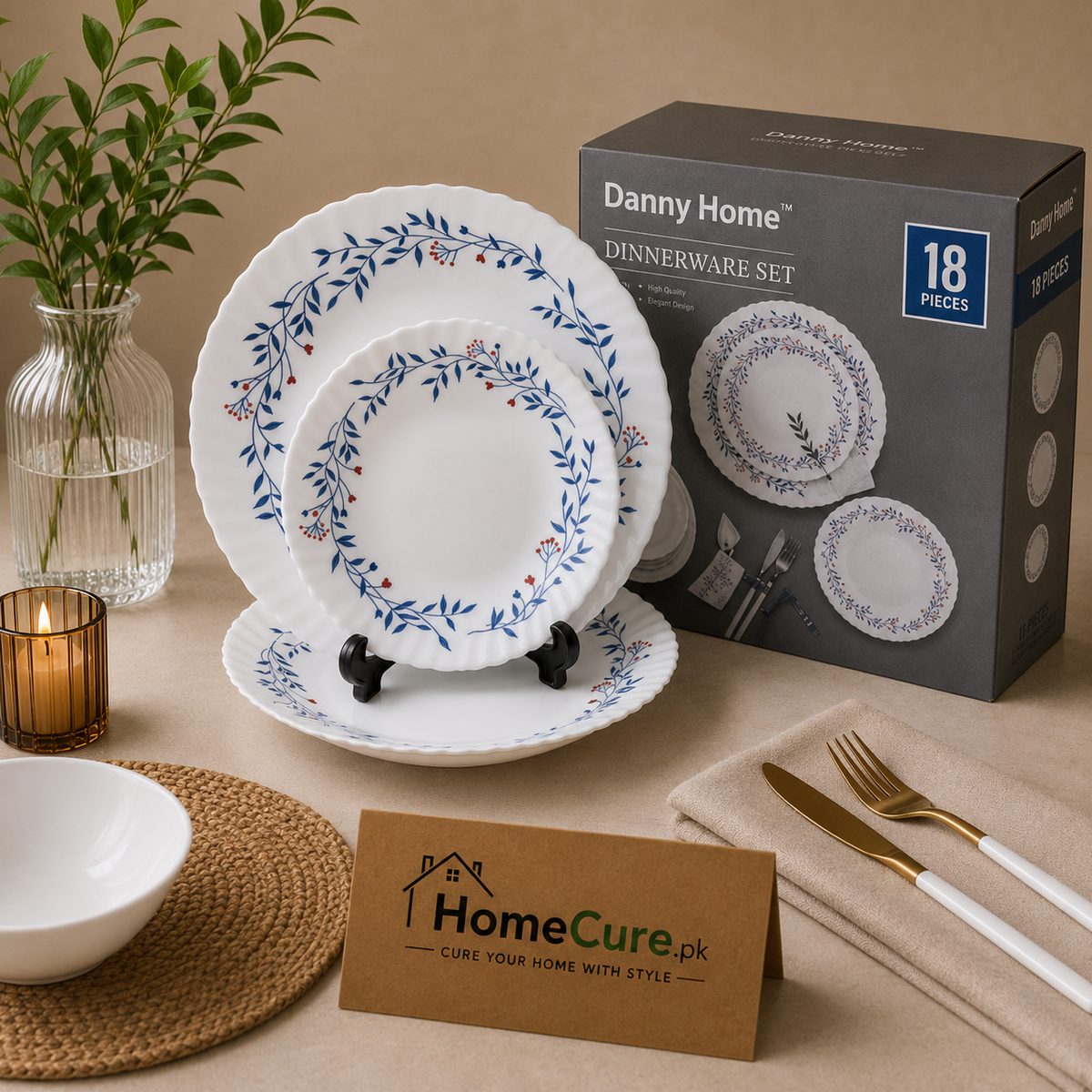 Danny Home Blue Vine 18-Piece Ceramic Dinner Set