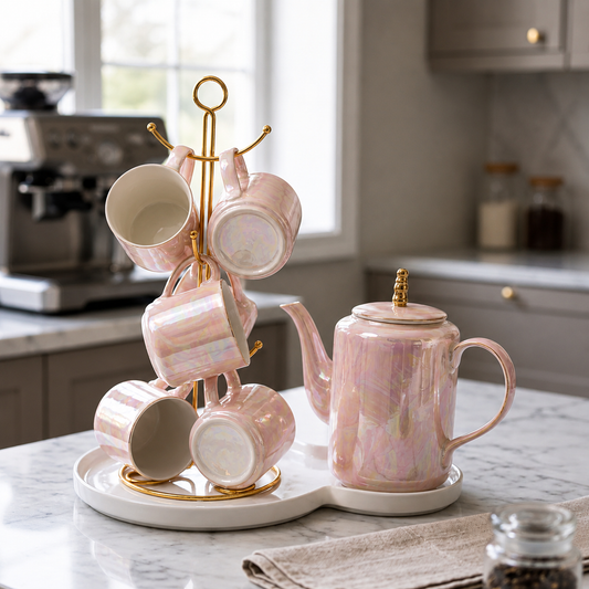 Ceramic Tea Set with Golden Stand & Ceramic Tray