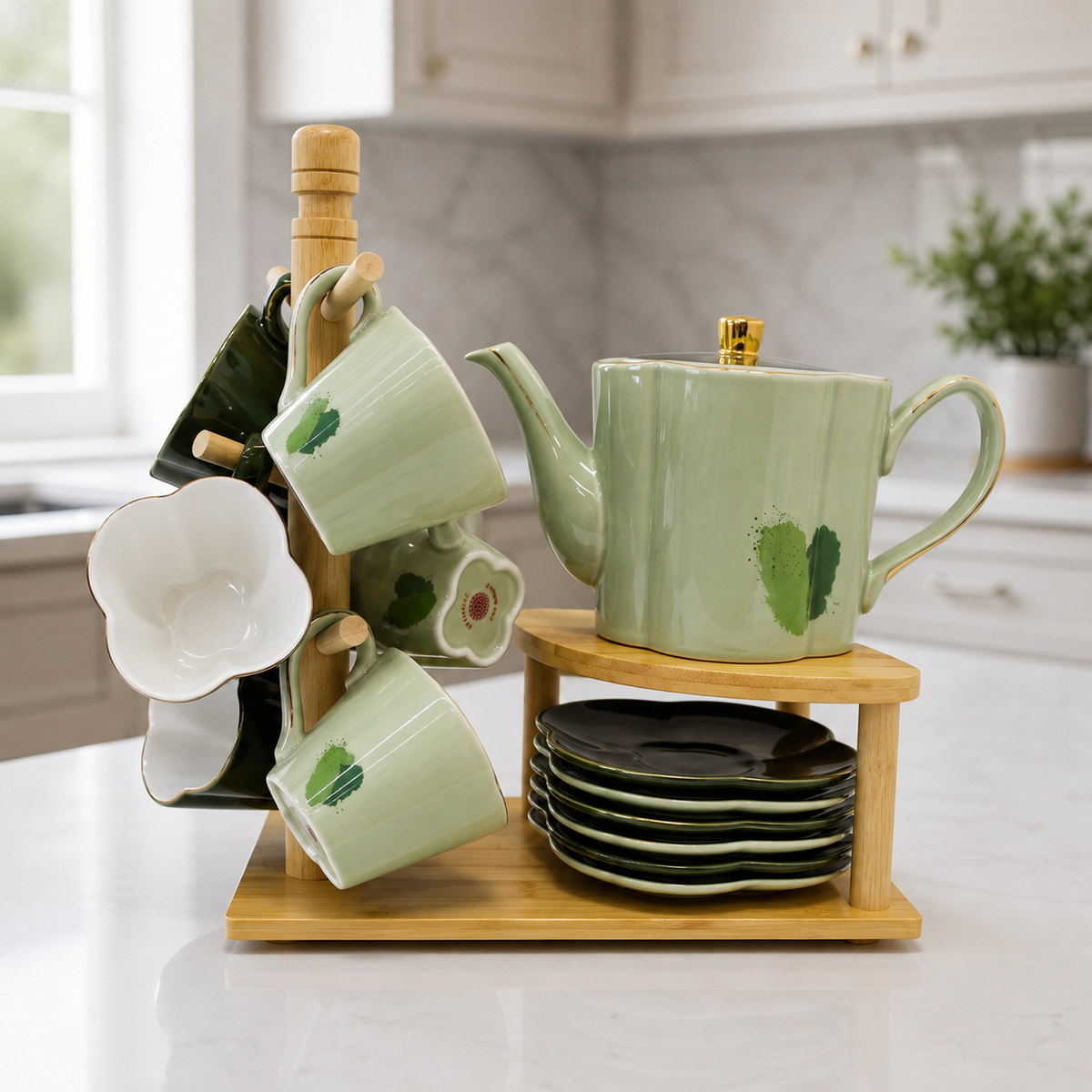 Elegant Ceramic Tea Set with Wooden Stand
