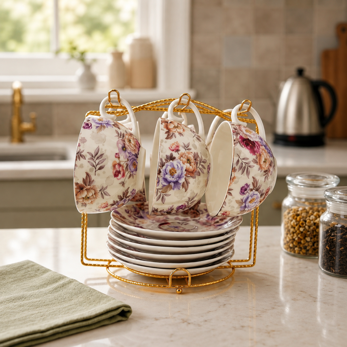 Elegant Ceramic Tea Cup and Saucer Set with Golden Stand