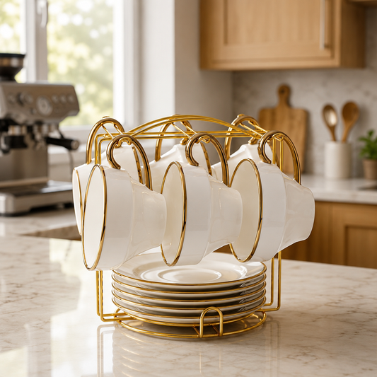 Luxury Ceramic Tea Cup and Saucer Set with Golden Stand